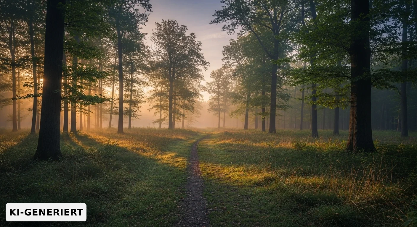 Eine ruhige, lichtdurchflutete Waldlichtung im Morgennebel